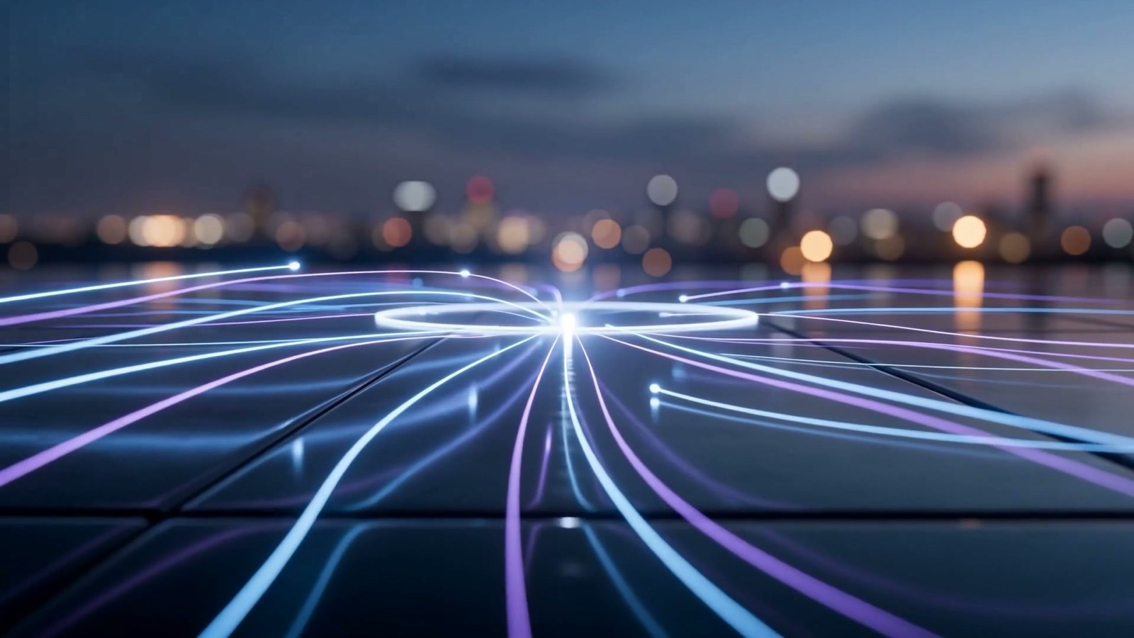 Threads of blue and violet light converging on a single secured point behind a ring of light, illustrating zero-trust access control for AI agents