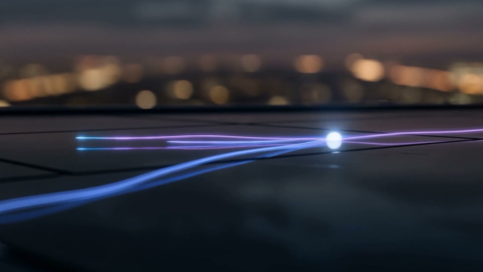 Streams of electric-blue and violet light converging on bright glowing nodes, illustrating AI sales agents routing signals to the right accounts