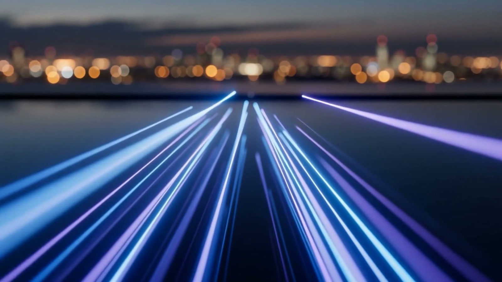 Parallel streams of electric-blue and violet light flowing inward and reconciling into one bright balanced point, illustrating AI accounts payable capturing and matching invoices to payment for Addison finance teams