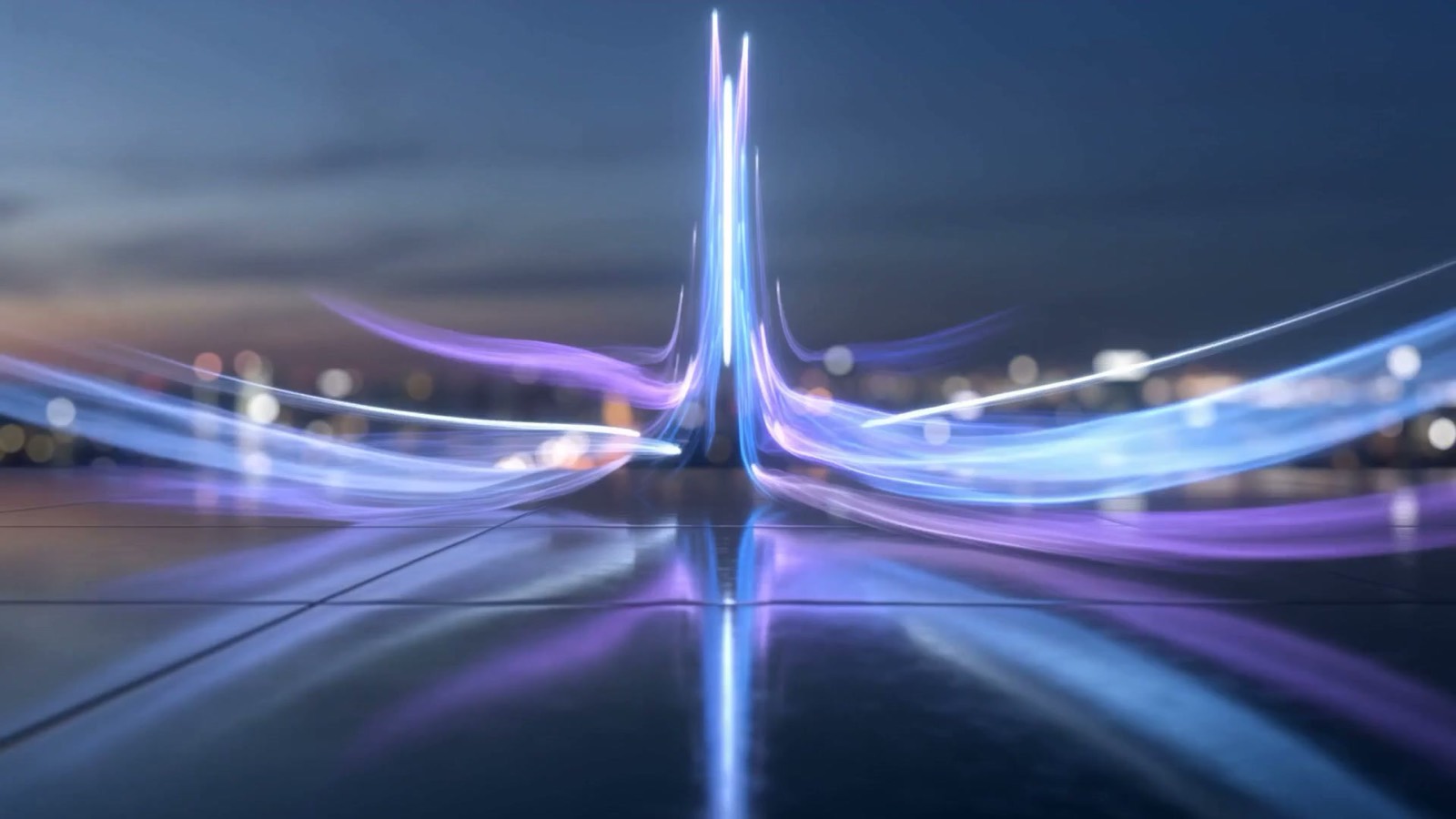 Ribbons of electric blue and violet light flowing inward from many directions and converging into one bright organized channel over dark glass, illustrating AI accounts payable automation for Arlington manufacturers