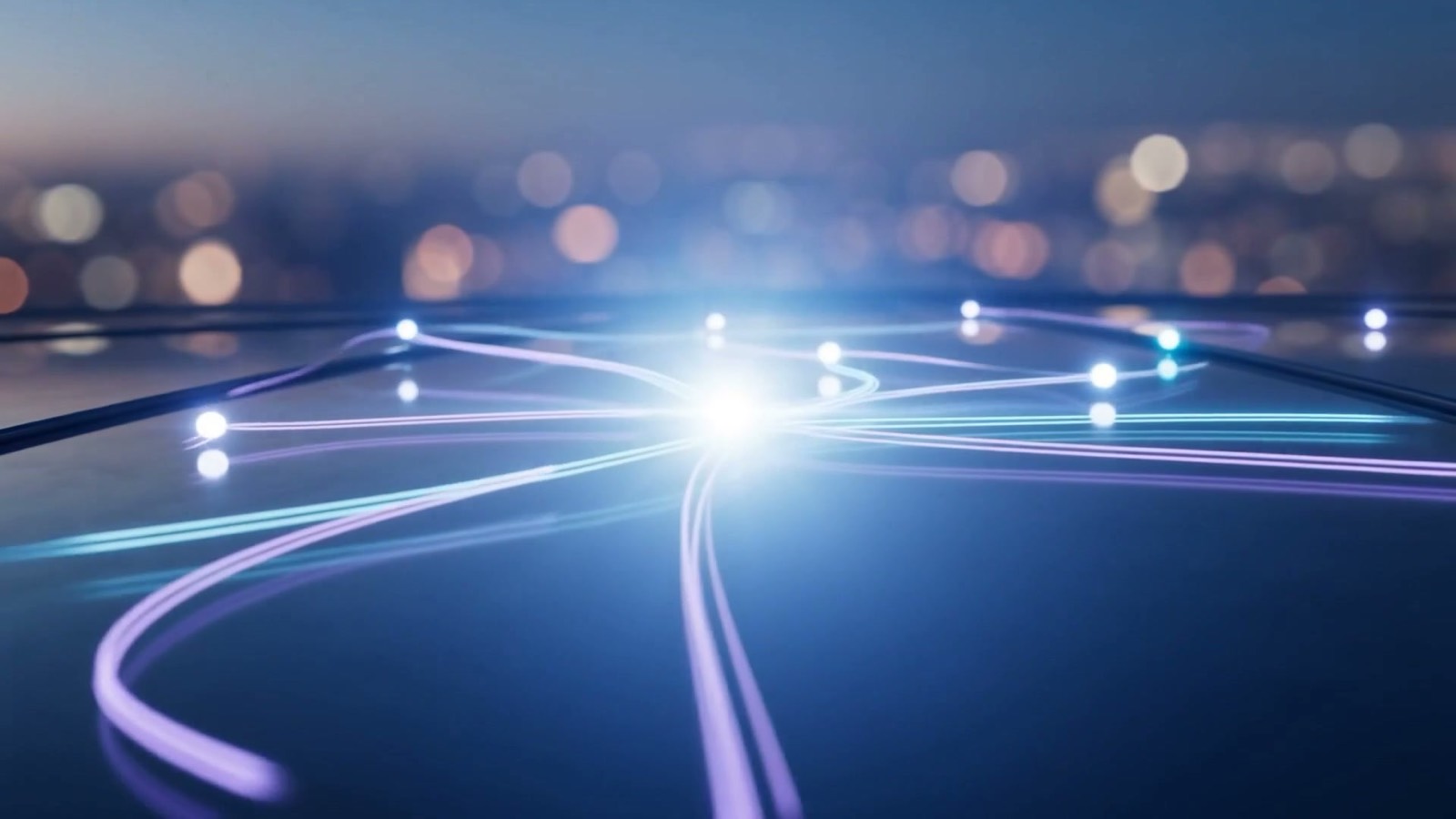 Streams of electric-blue and violet light flowing along connected waypoints over dark glass and converging into one single bright point, illustrating AI accounts payable automation moving an invoice from capture through matching to a single approved payment for a McKinney finance team