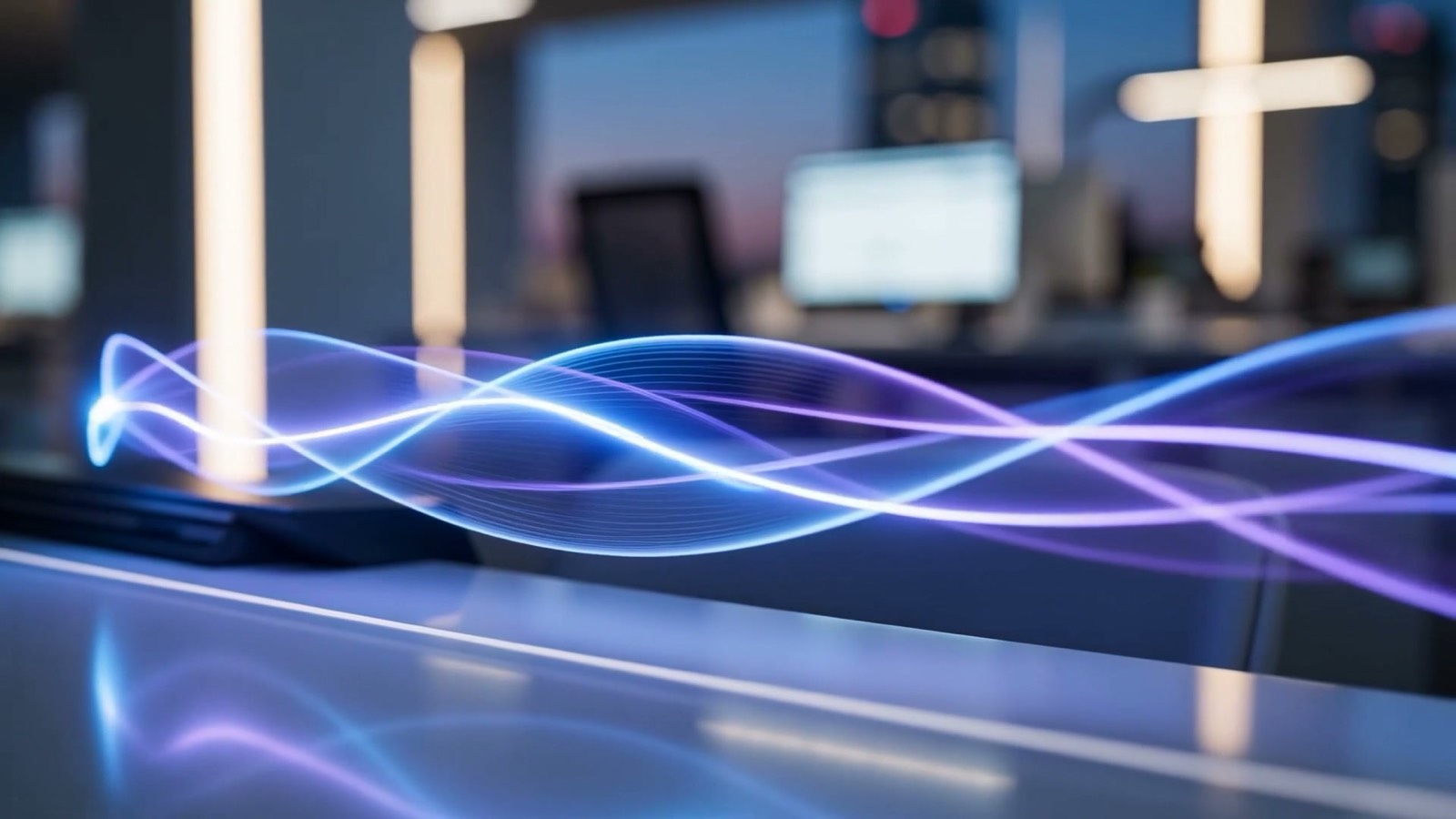 Streams of data flowing across a desk in a modern finance operations center, illustrating AI-driven accounts payable automation