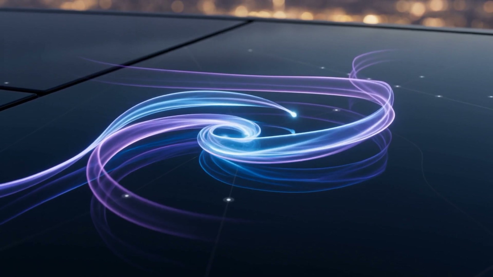 Ribbons of electric blue and violet light streaming inward across a dark glass surface and gathering into one bright point, illustrating AI accounts receivable automation collecting scattered customer payments into applied cash