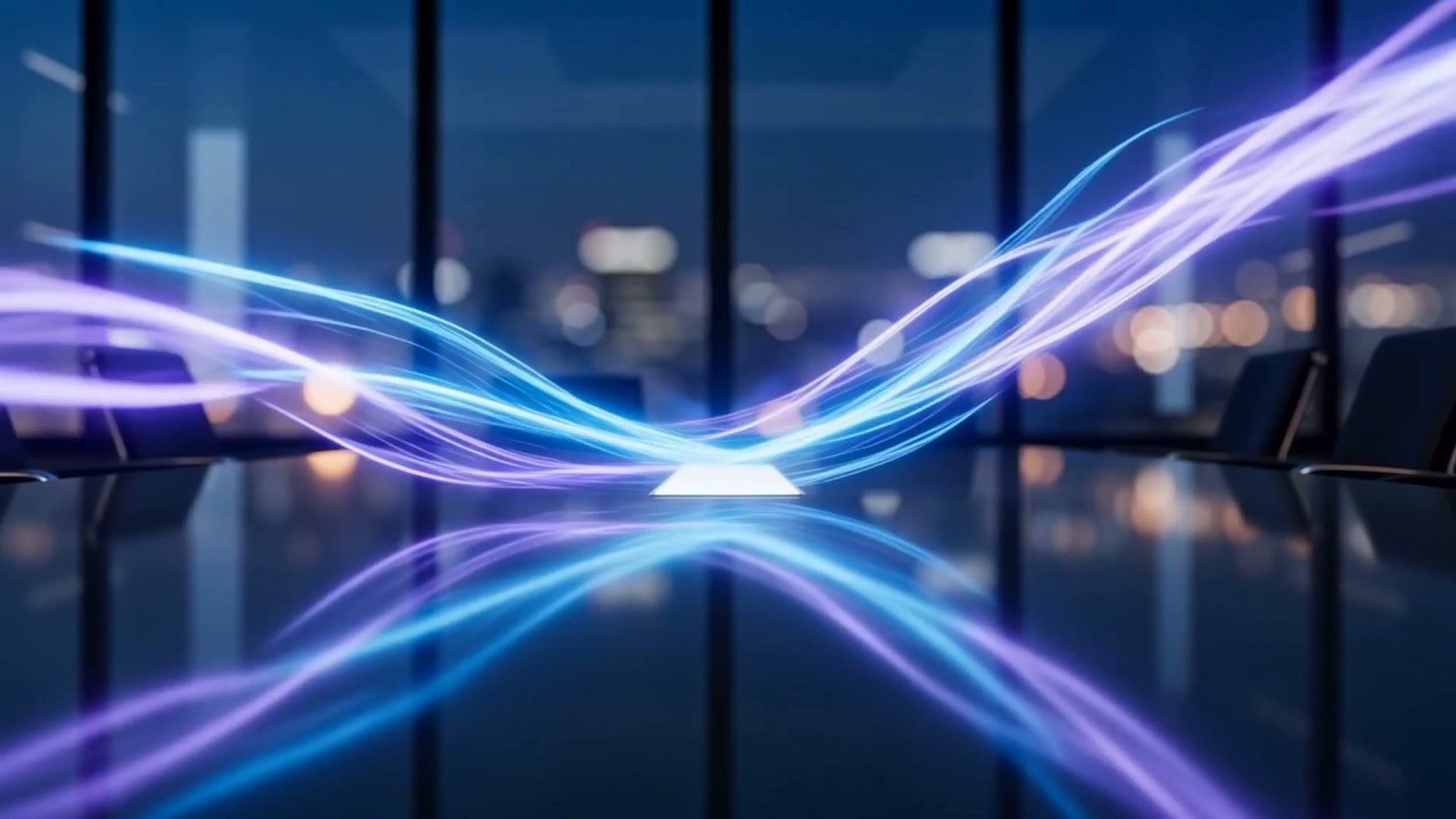 Streams of electric blue and violet light converging into a bright pool over a glass conference table at dusk, illustrating AI accounts receivable automation collecting payments faster