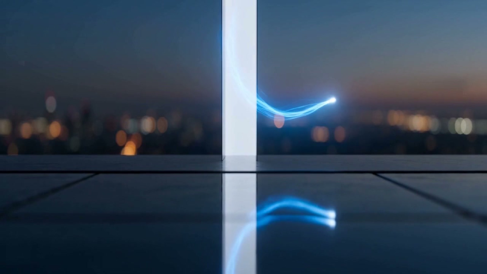 Threads of electric-blue and violet light passing one at a time through a narrow glowing aperture, illustrating per-task credential delegation to AI agents