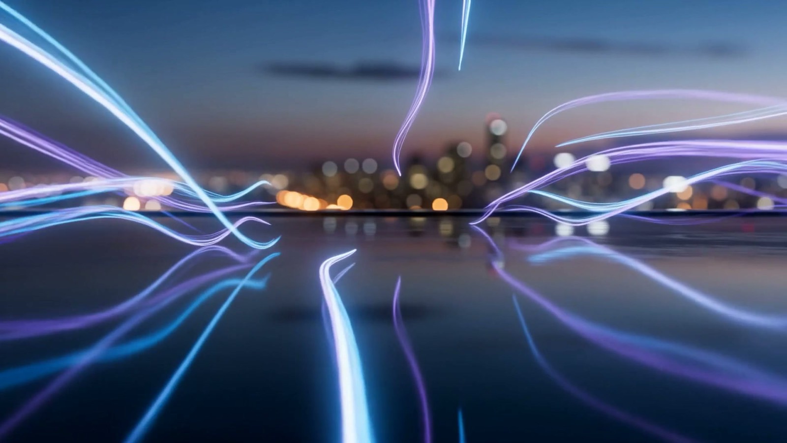 Many fine streams of electric-blue and violet light flowing inward and converging into one bright concentrated point over dark glass, illustrating how cheaper frontier AI concentrates more capability into a lower cost per task
