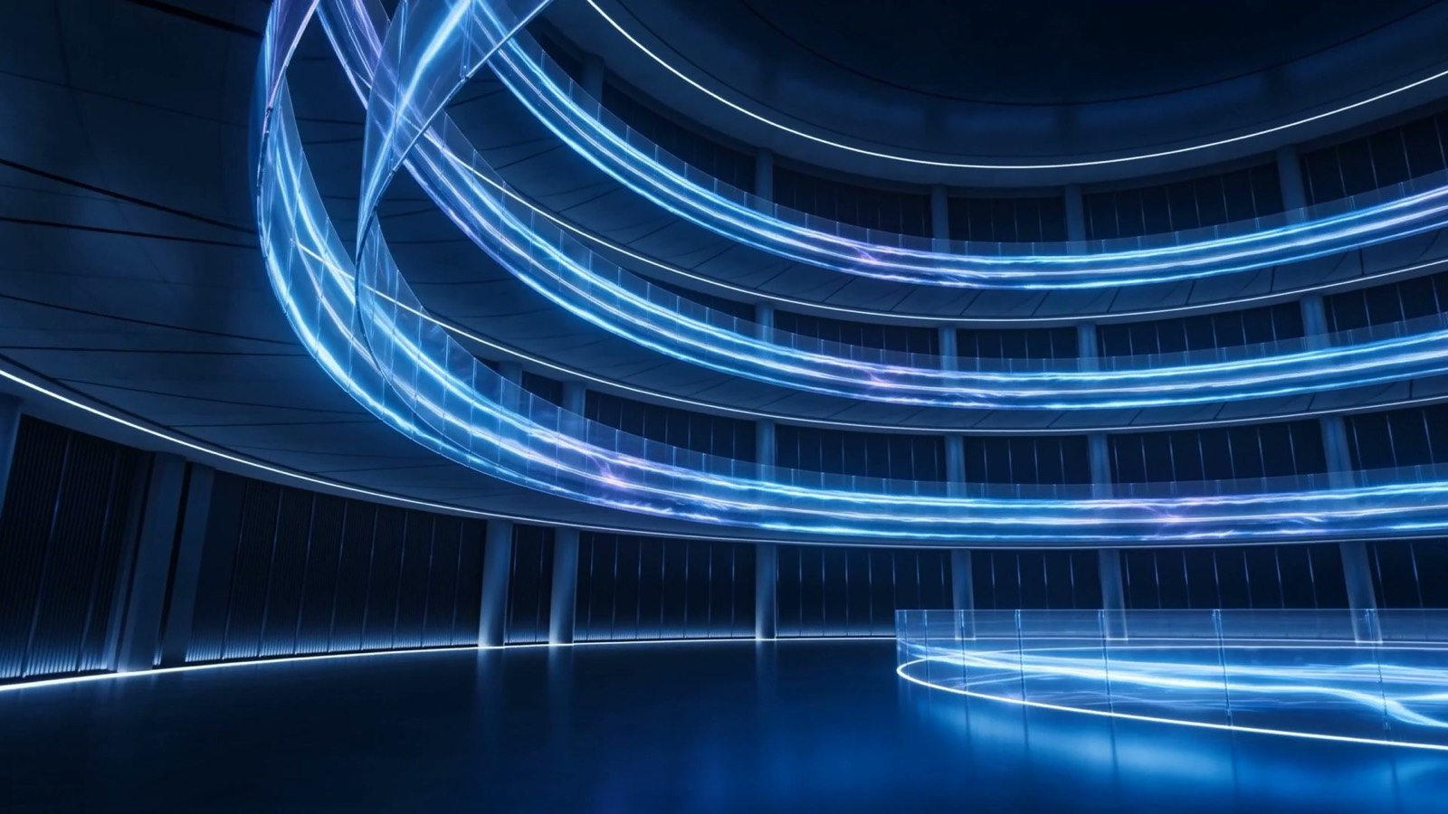 Abstract glowing blue and violet data streams passing through layered translucent shield planes in a dark enterprise security operations center, illustrating runtime defense for AI agents at the execution layer