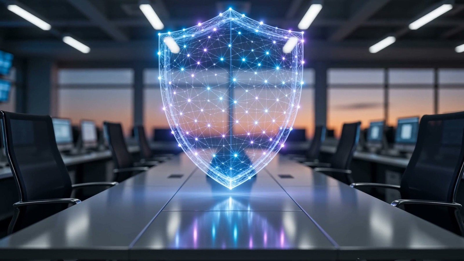 A glowing networked shield hovering over a boardroom table, illustrating AI agent governance and oversight