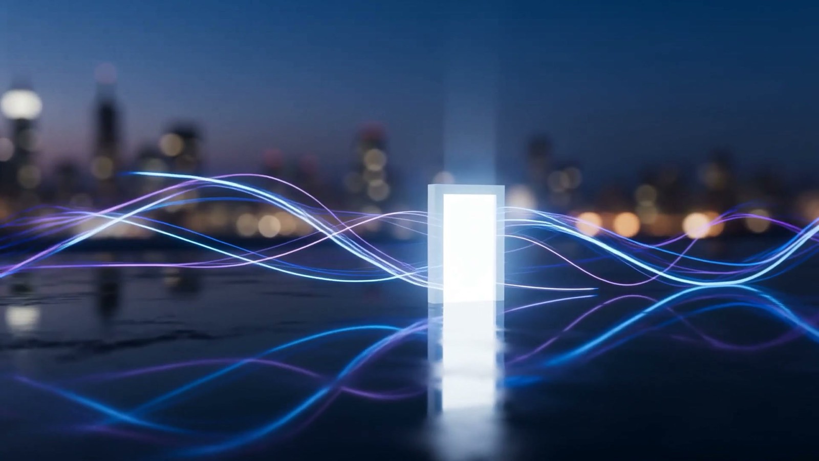 Fine threads of electric blue and violet light passing through a single bright verifying gate and continuing as one orderly stream over dark glass, illustrating identity and access management for AI agents