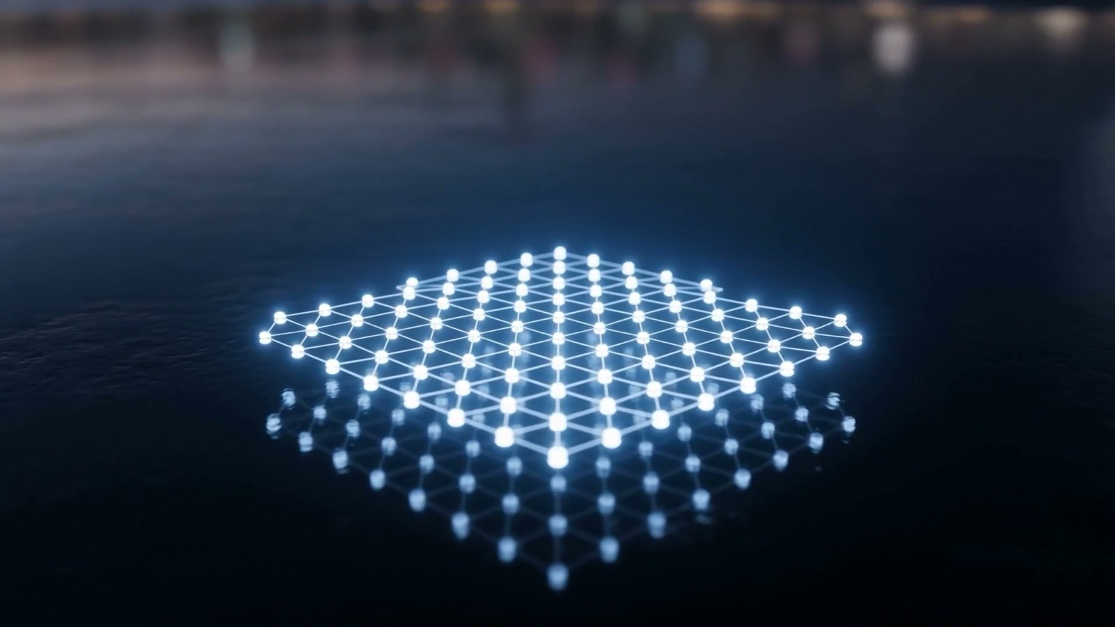 Many fine threads of electric-blue and violet light flowing inward from all sides over dark glass and converging into one clean glowing interconnected grid of nodes, illustrating multiple AI agents being orchestrated into one coordinated enterprise workflow