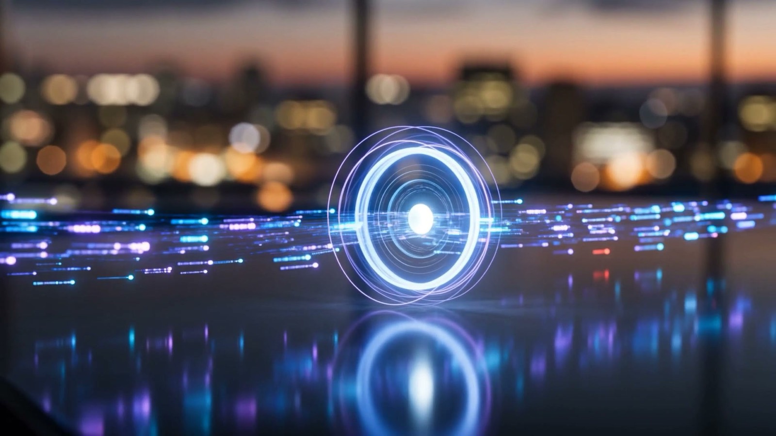 Glowing software-agent light nodes passing through a secure gateway ring in an operations center, one stopped in red, illustrating governed AI agent security