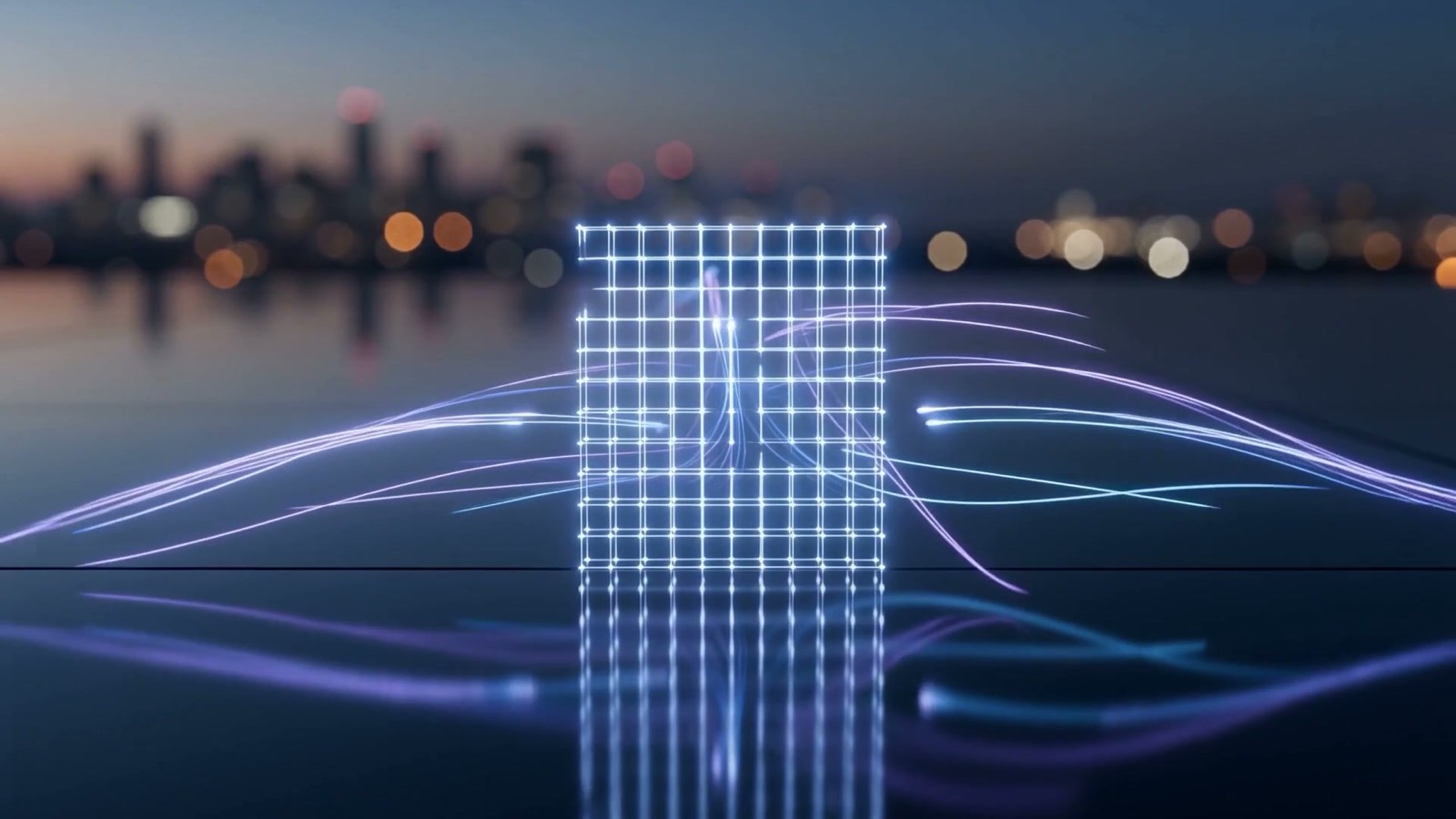 Ribbons of electric-blue and violet light resolving from scattered motion into a clean organized grid, illustrating AI agents moving from ad hoc demos into governed production workflows