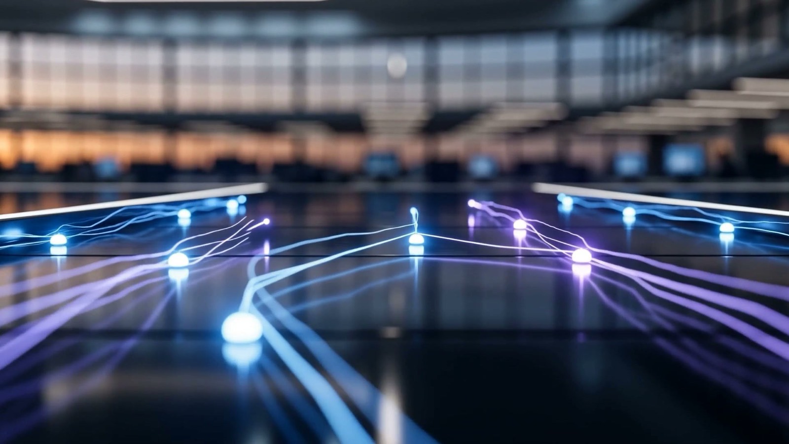 Electric blue and violet light paths connecting glowing waypoints across a polished surface in a modern finance office at dusk, illustrating autonomous AI agents routing financial operations work