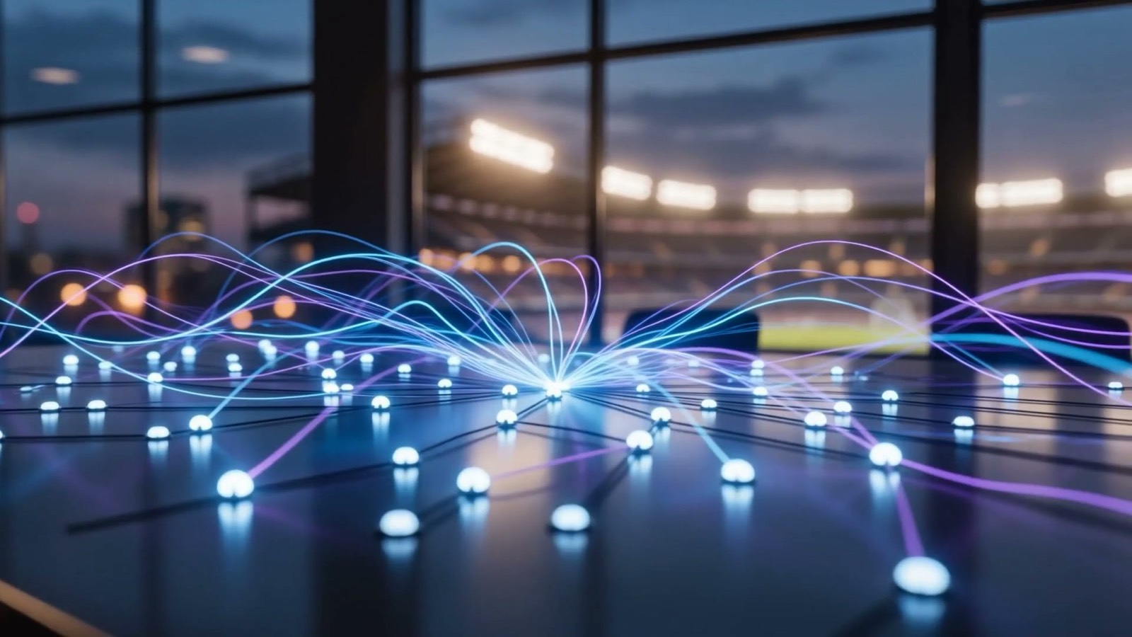 Glowing blue and violet light connecting many nodes over a desk with a stadium-lit skyline beyond, illustrating AI handling high-volume customer service in Arlington