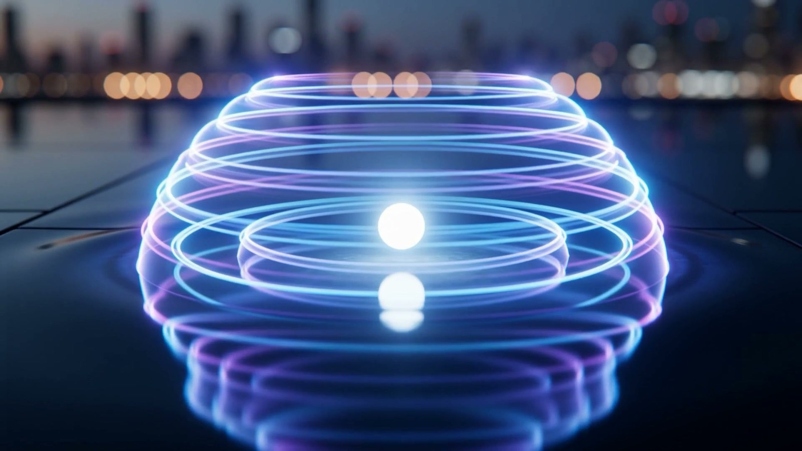 Concentric arcs and rings of electric blue and violet light forming a protective dome around a bright secure core over a dark reflective surface at dusk with a city skyline behind, illustrating AI data security and governance for Allen businesses