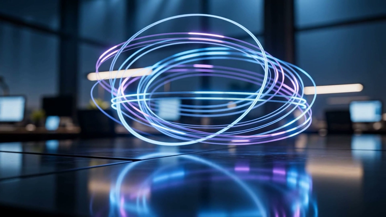 Glowing looping ribbons of light over a desk in a modern operations center, illustrating AI DevOps keeping AI systems reliable after launch