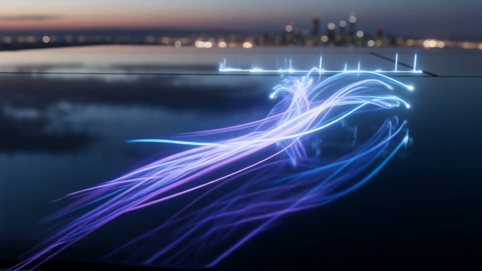 Flowing electric blue and violet light streams resolving into an ordered row of glowing points over a dark reflective surface at dusk with a city skyline behind, illustrating AI turning unstructured documents into clean structured data