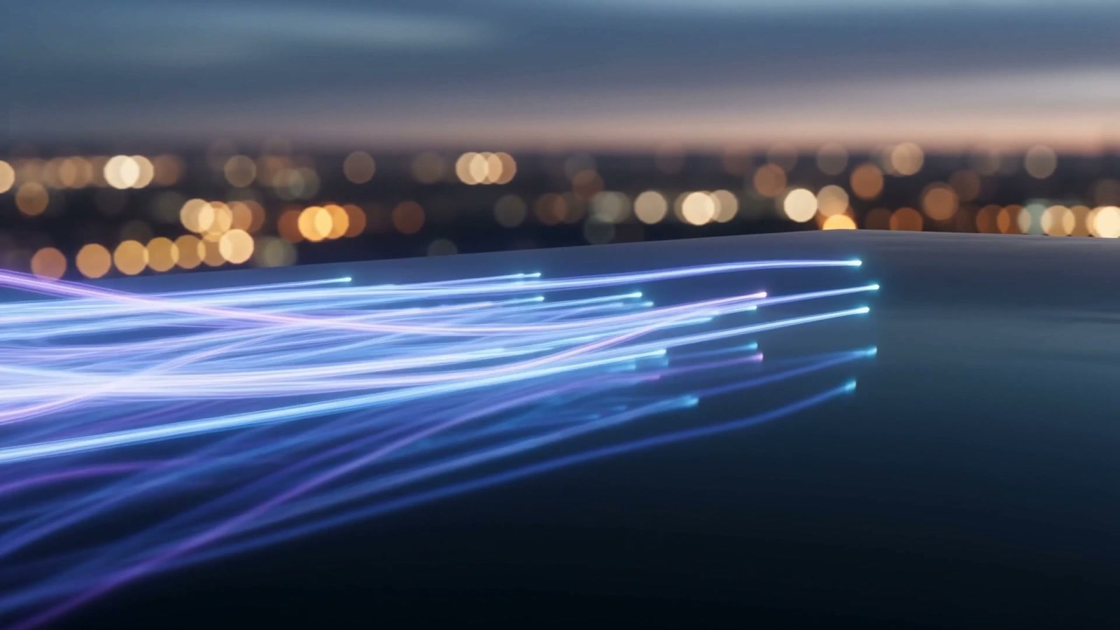 Flowing electric blue and violet light streams sorting into several clean parallel glowing channels over a dark reflective surface at dusk with a city skyline behind, illustrating AI triaging and routing an inbox