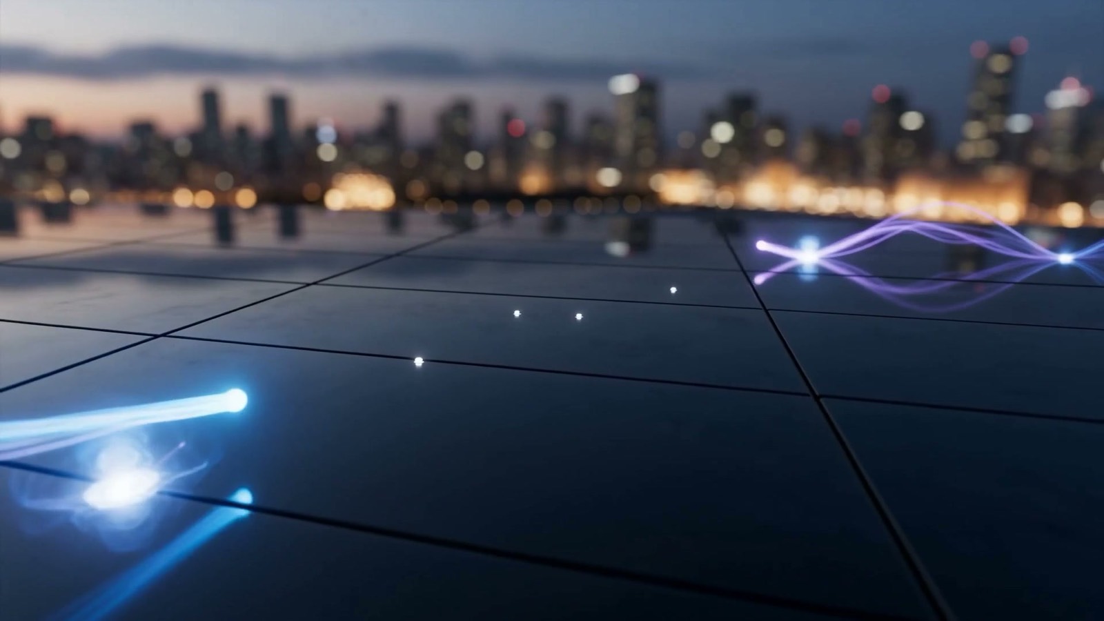 Ribbons of blue and violet light resolving into an aligned glowing grid, illustrating AI-automated finance and accounting for Frisco finance teams