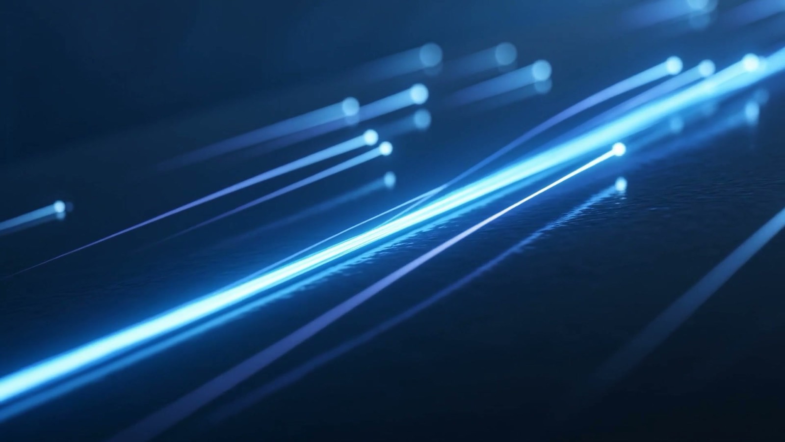 Many thin streams of glowing blue data particles converging into a single clean luminous channel, illustrating scattered financial records reconciling into a finished close for Carrollton finance teams