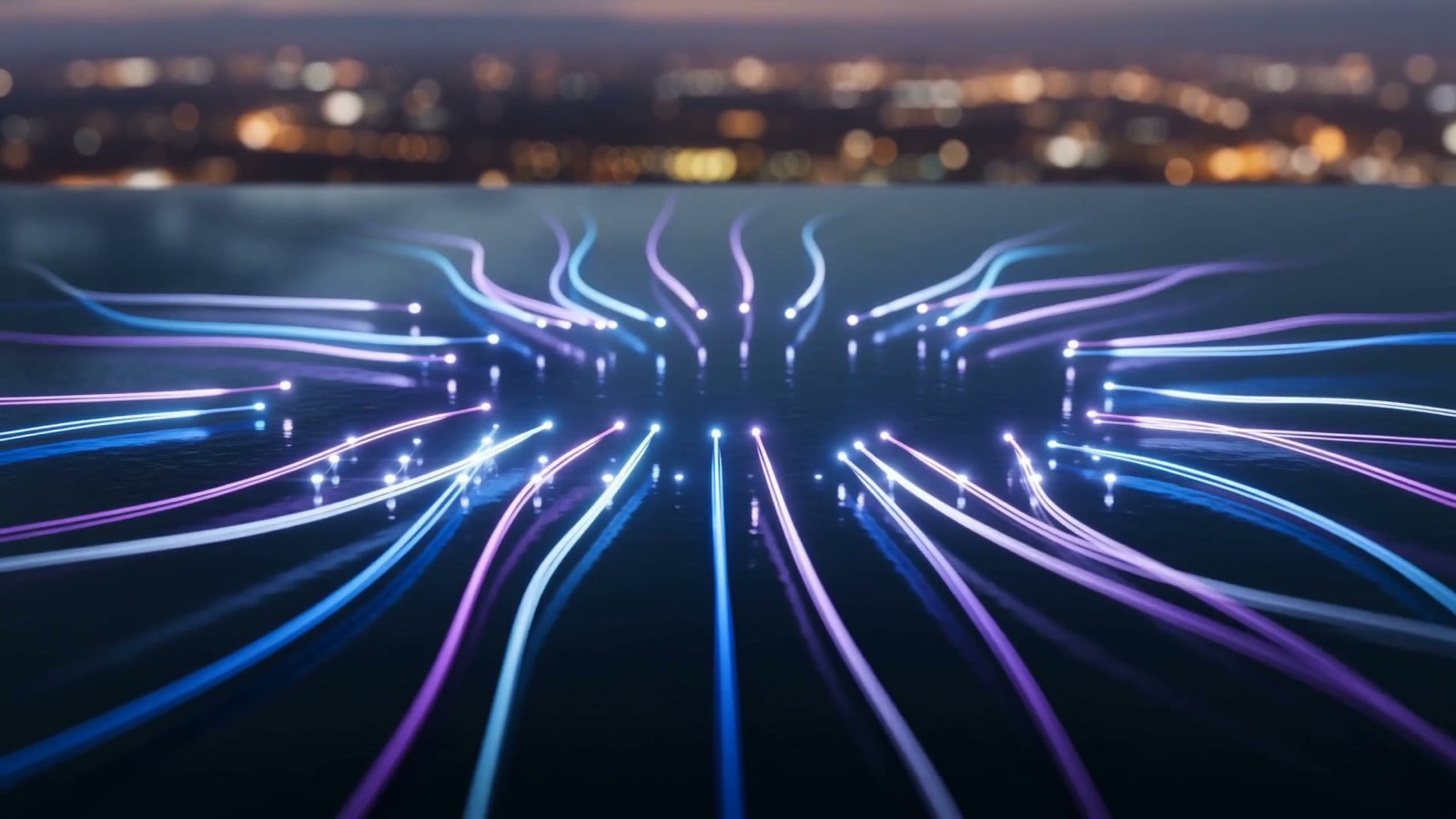 Scattered ribbons of electric-blue and violet light aligning and settling into a clean, balanced glowing grid, illustrating scattered ledgers reconciling into one closed set of books for a Plano finance team