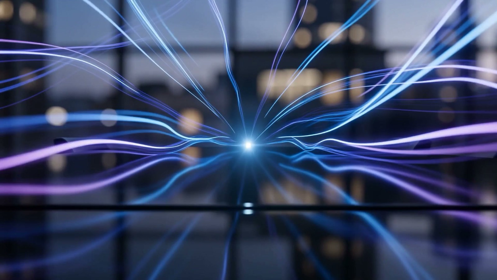 Streams of electric blue and violet light resolving into a single calm glowing point in a dark IT operations room at dusk, illustrating an agentic AI help desk resolving support tickets