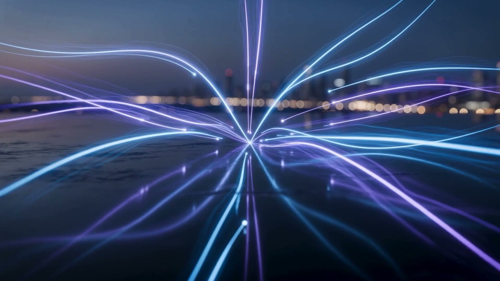 Electric blue and violet light threads converging into a single bright point over a dark reflective surface at dusk with a city skyline behind, illustrating an AI knowledge base unifying scattered information into one trusted answer