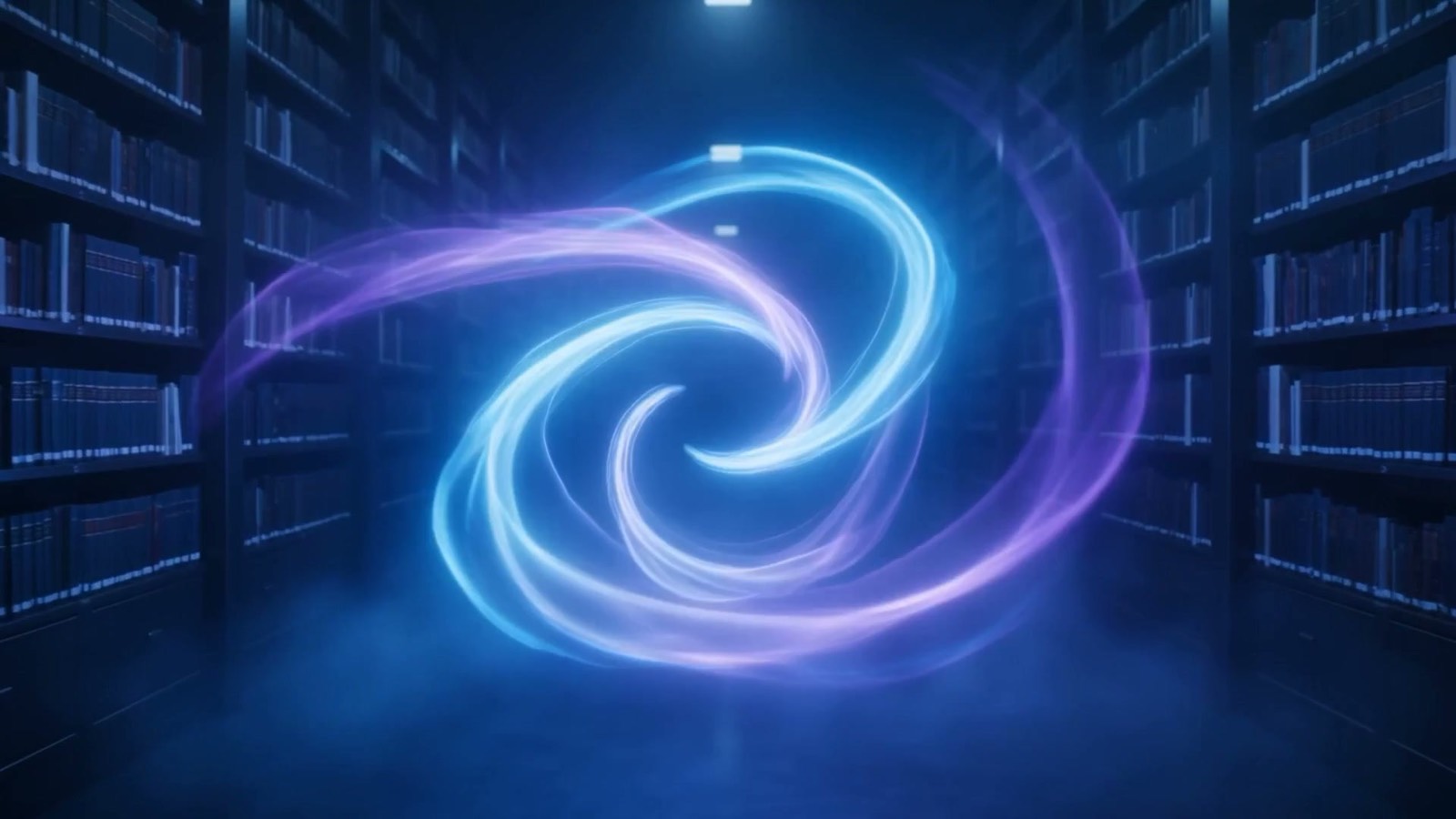Ribbons of electric blue and violet light converging into a single bright point in a dark enterprise space, illustrating an AI knowledge base turning scattered documentation into one clear answer