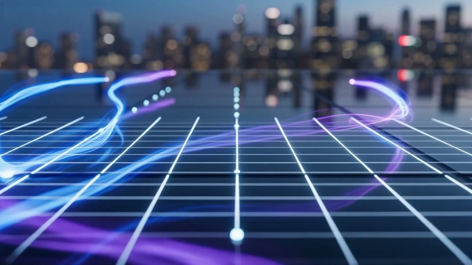 Ribbons of blue and violet light streaming along a connected line of glowing waypoints and resolving into a clean grid, illustrating AI agents coordinating manufacturing operations for Arlington plants