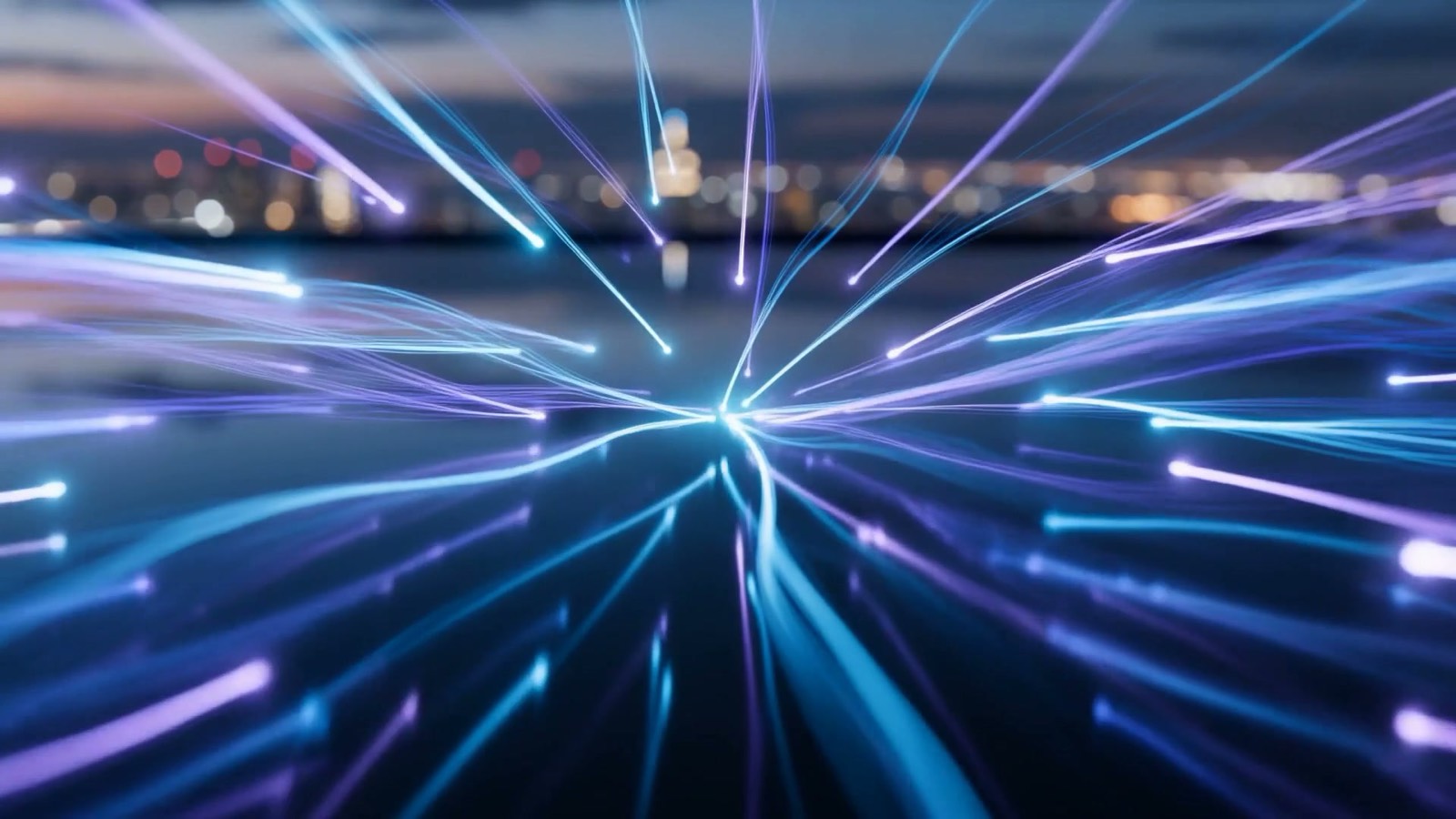 Fine threads of electric-blue and violet light flowing inward and resolving into one calm bright point, illustrating an AI receptionist routing every inquiry to a single answer