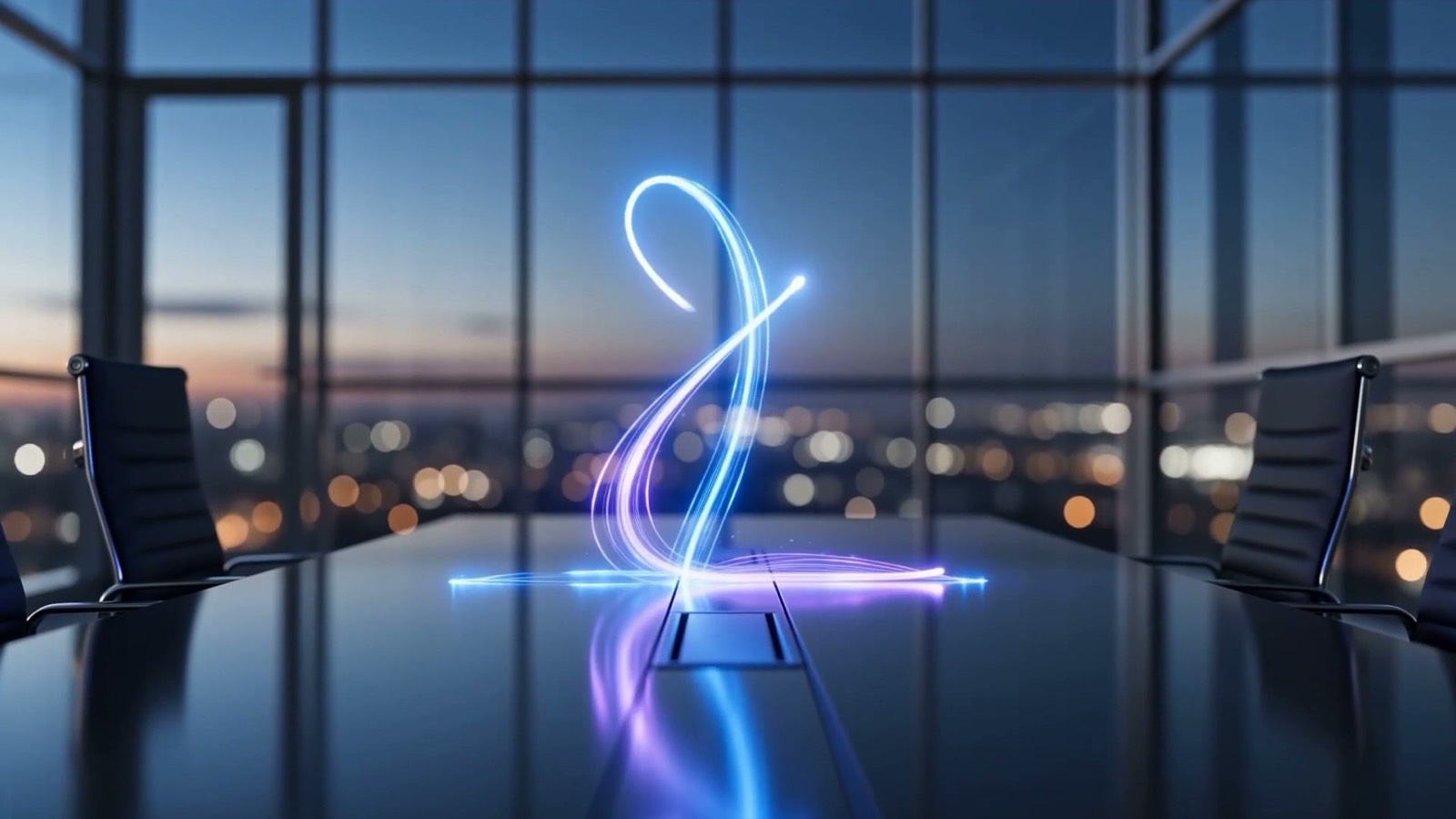 Ribbons of light rising over a boardroom table at dusk, illustrating AI return on investment and business growth