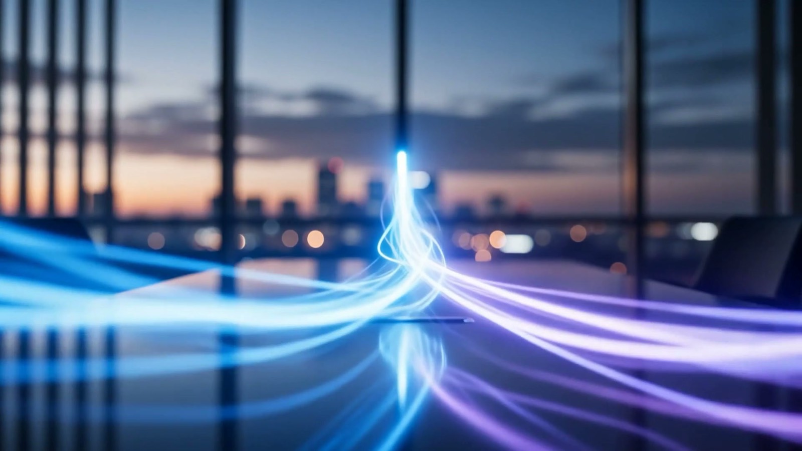 Glowing blue and violet light streams converging into an upward-climbing pipeline over a desk in a modern sales office, illustrating AI sales automation