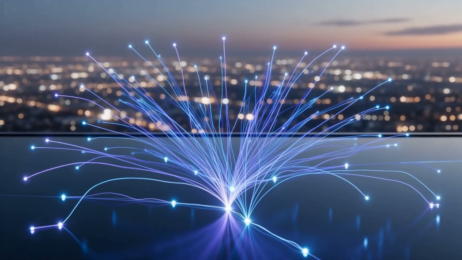 Fine threads of electric-blue and violet light streaming along connected waypoints and branching outward into a widening fan of light over dark glass, illustrating AI sales automation building and prioritizing pipeline for Plano corporate sales teams