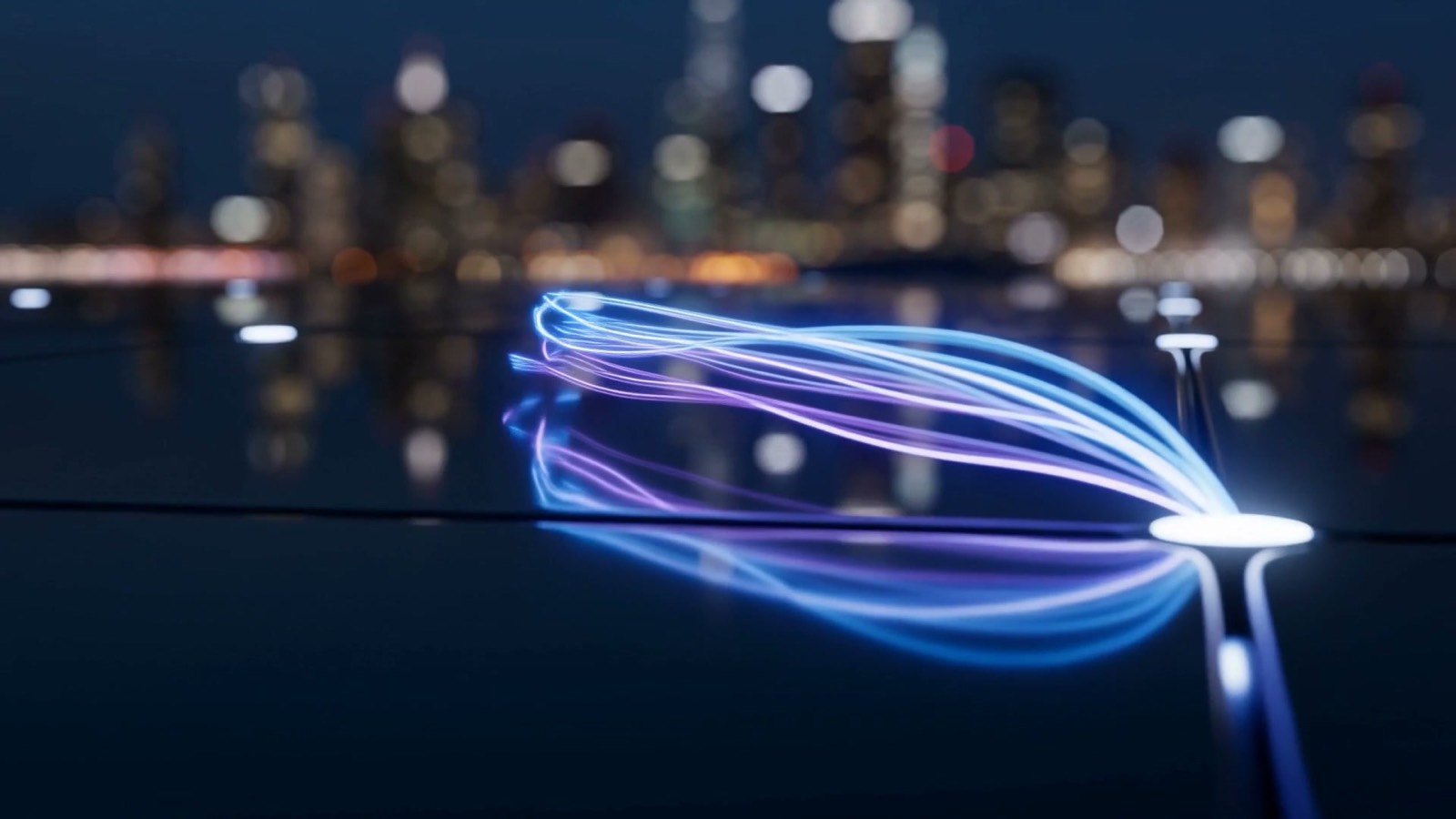 Ribbons of blue and violet light flowing along connected waypoints and converging into one bright rising point, illustrating accounts moving through an AI-automated B2B sales pipeline
