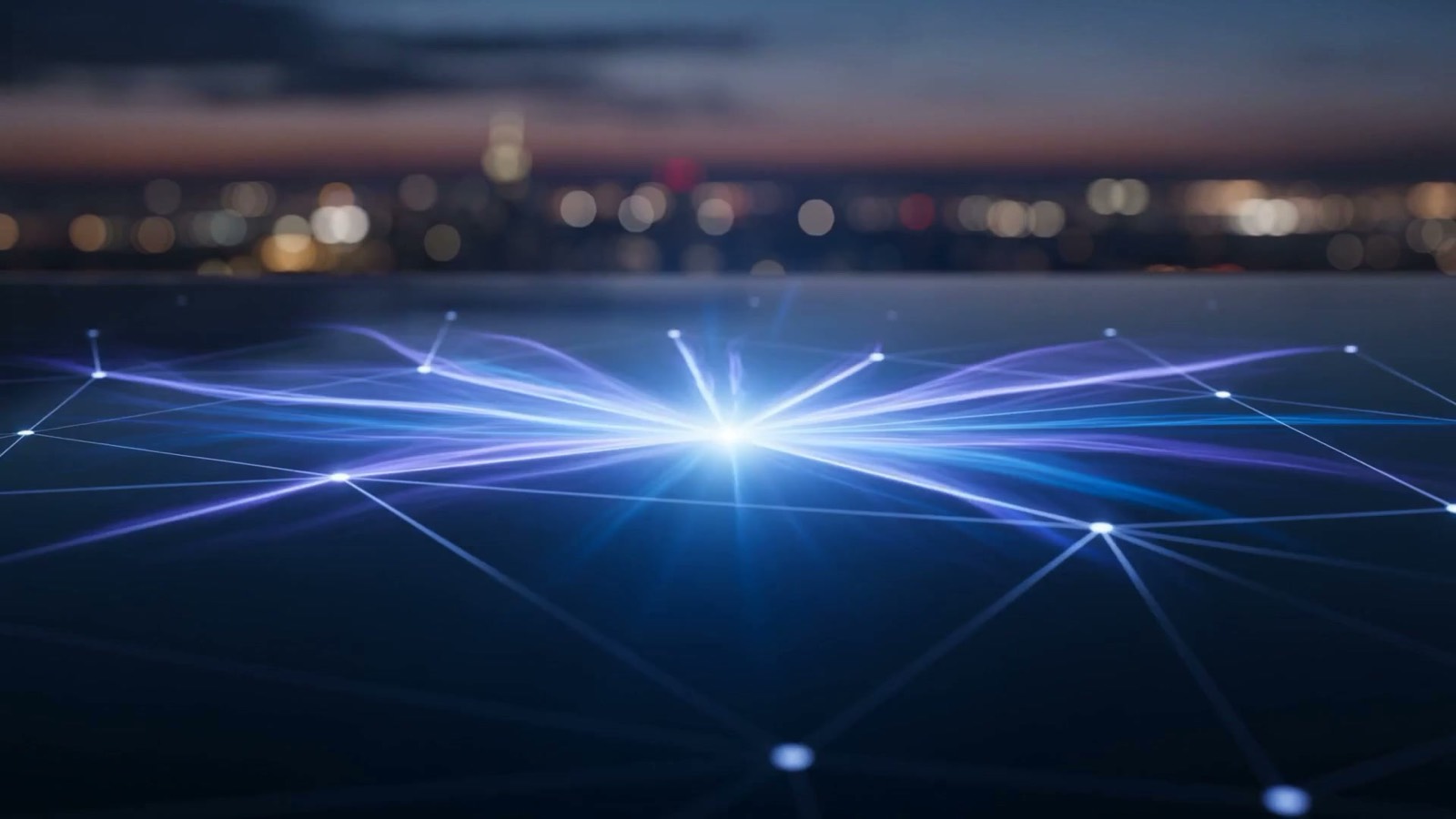 Streams of blue and violet light flowing inward along connected waypoints and converging into one bright rising point, illustrating leads flowing through an AI-automated sales pipeline
