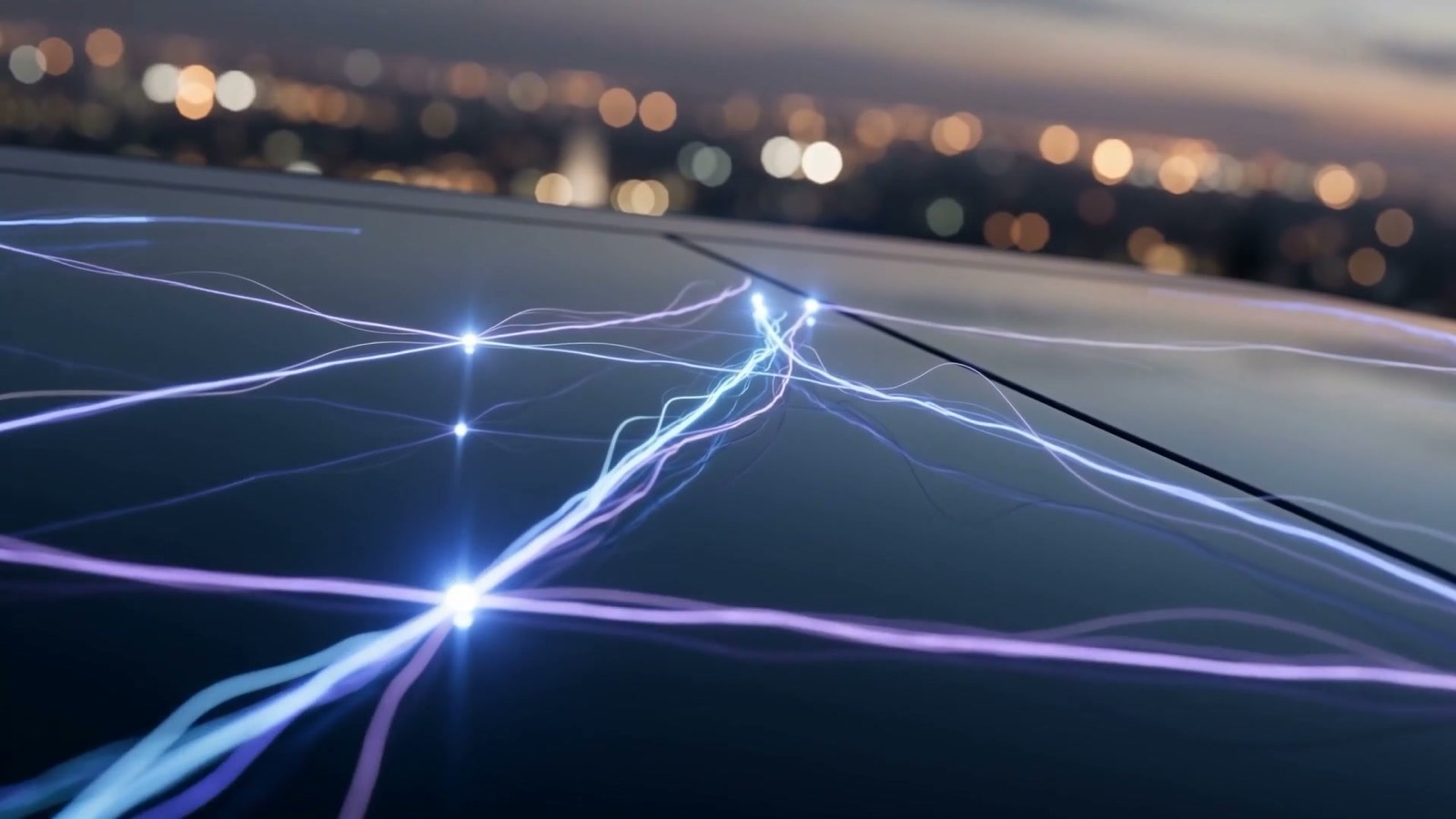 Fine threads of blue and violet light streaming along connected waypoints and converging into bright points, illustrating AI sales prospecting automation building qualified pipeline for Allen B2B teams