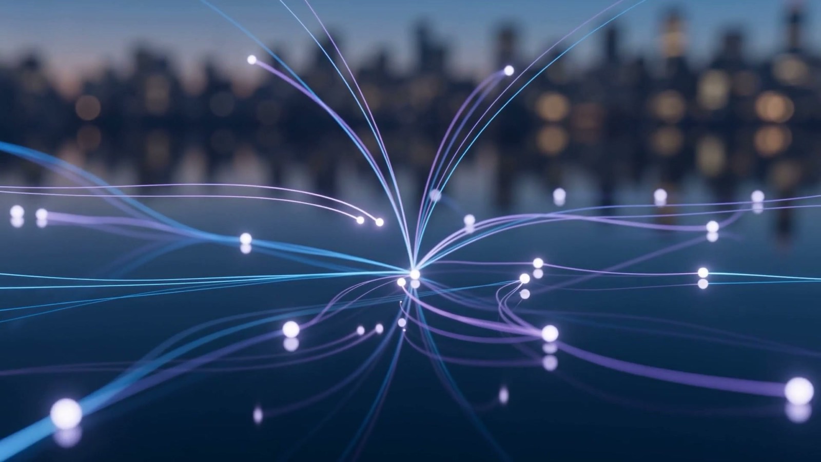 Many fine threads of blue and violet light converging along glowing waypoints onto a single bright target point, illustrating AI sales prospecting narrowing a wide market down to the best-fit Carrollton accounts