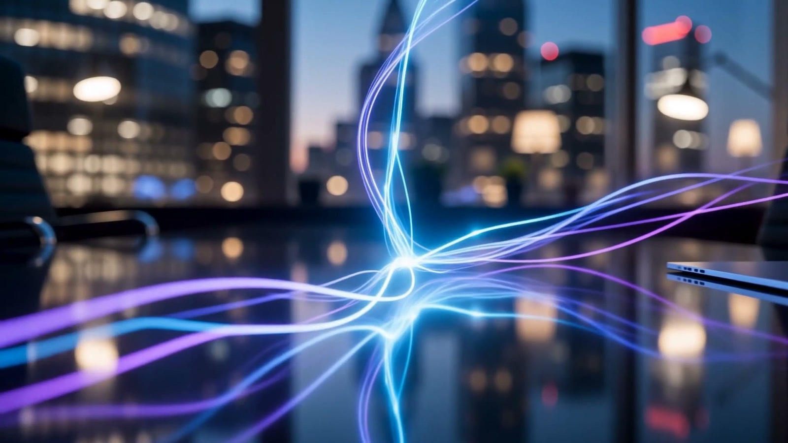 Streams of light converging to a bright focal point over a boardroom table, illustrating an AI-driven sales pipeline
