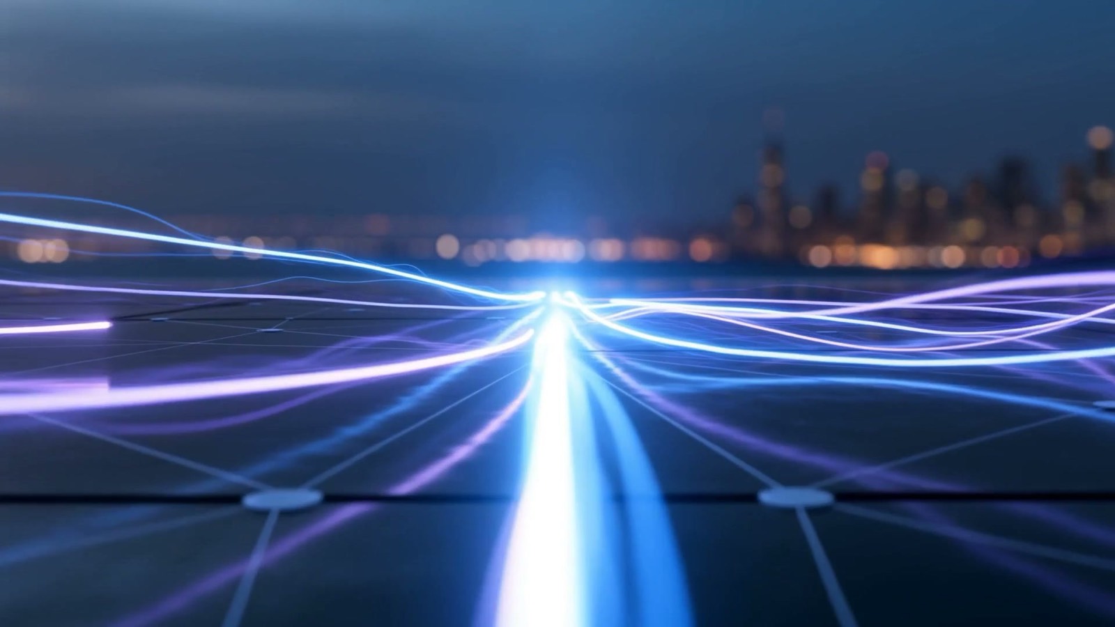 Streams of electric-blue and violet light converging into one bright pipeline over dark glass, illustrating AI sales and service agents unifying the CRM