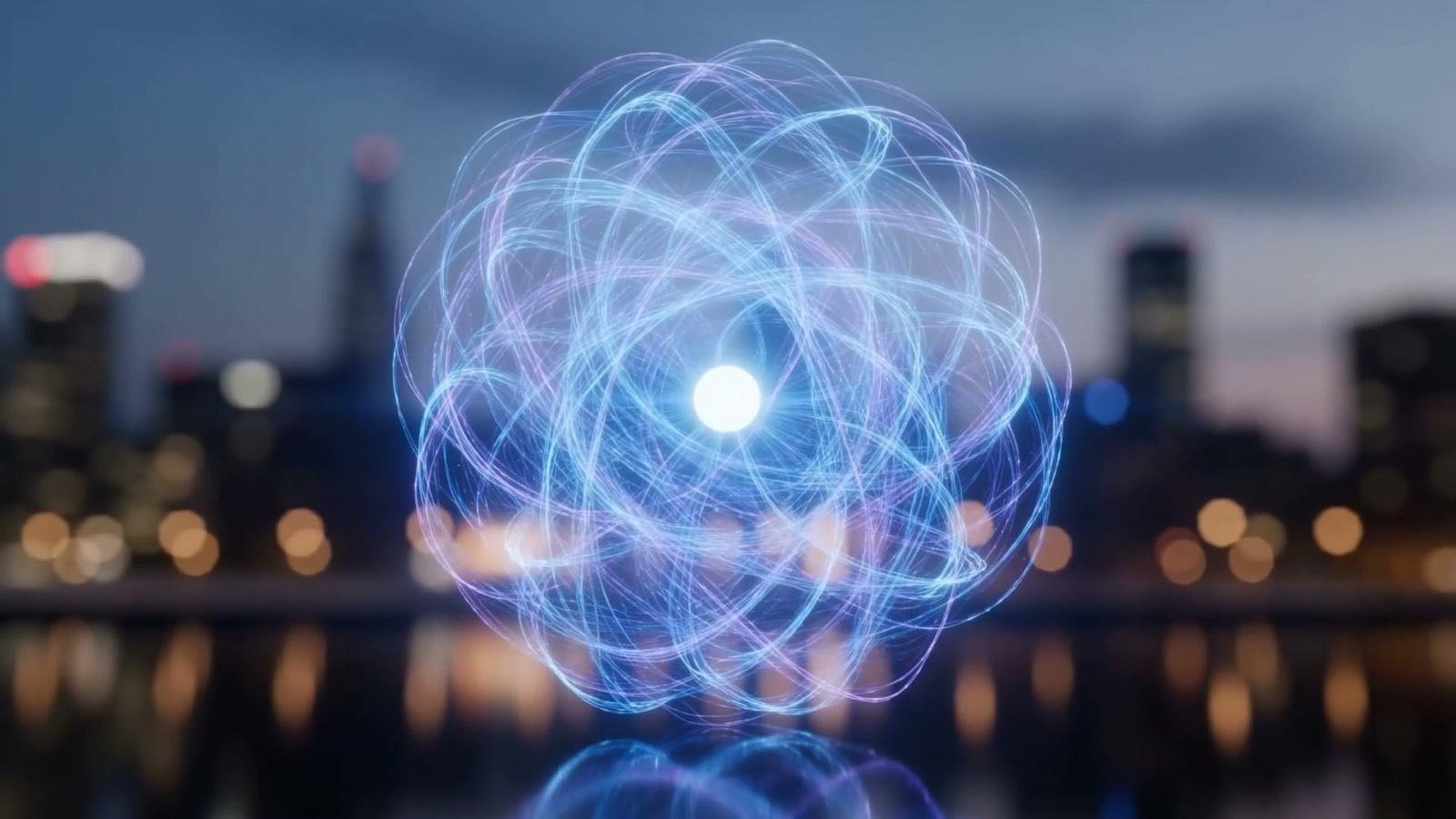 Fine threads of electric-blue and violet light weaving into a protective luminous lattice that wraps around and shields one glowing core, illustrating governed AI protecting confidential client data for Addison professional-services firms