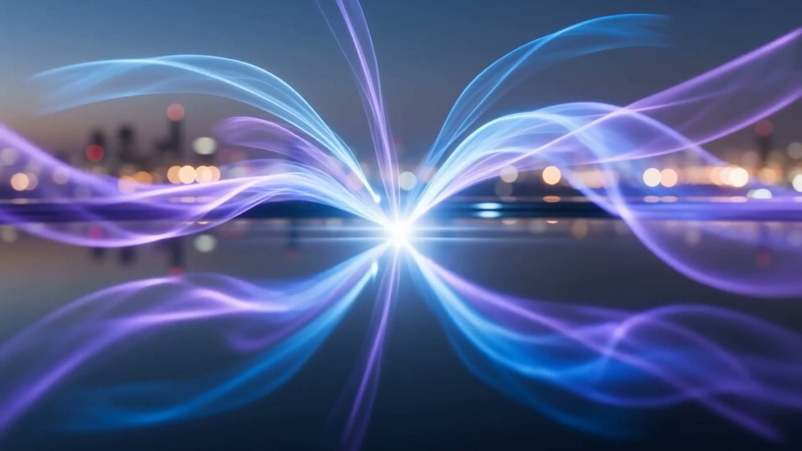Many ribbons of electric-blue and violet light flowing inward from all sides and converging into one bright balanced point, illustrating agentic AI compressing a scattered month-end close into a fast, reconciled three-day cycle