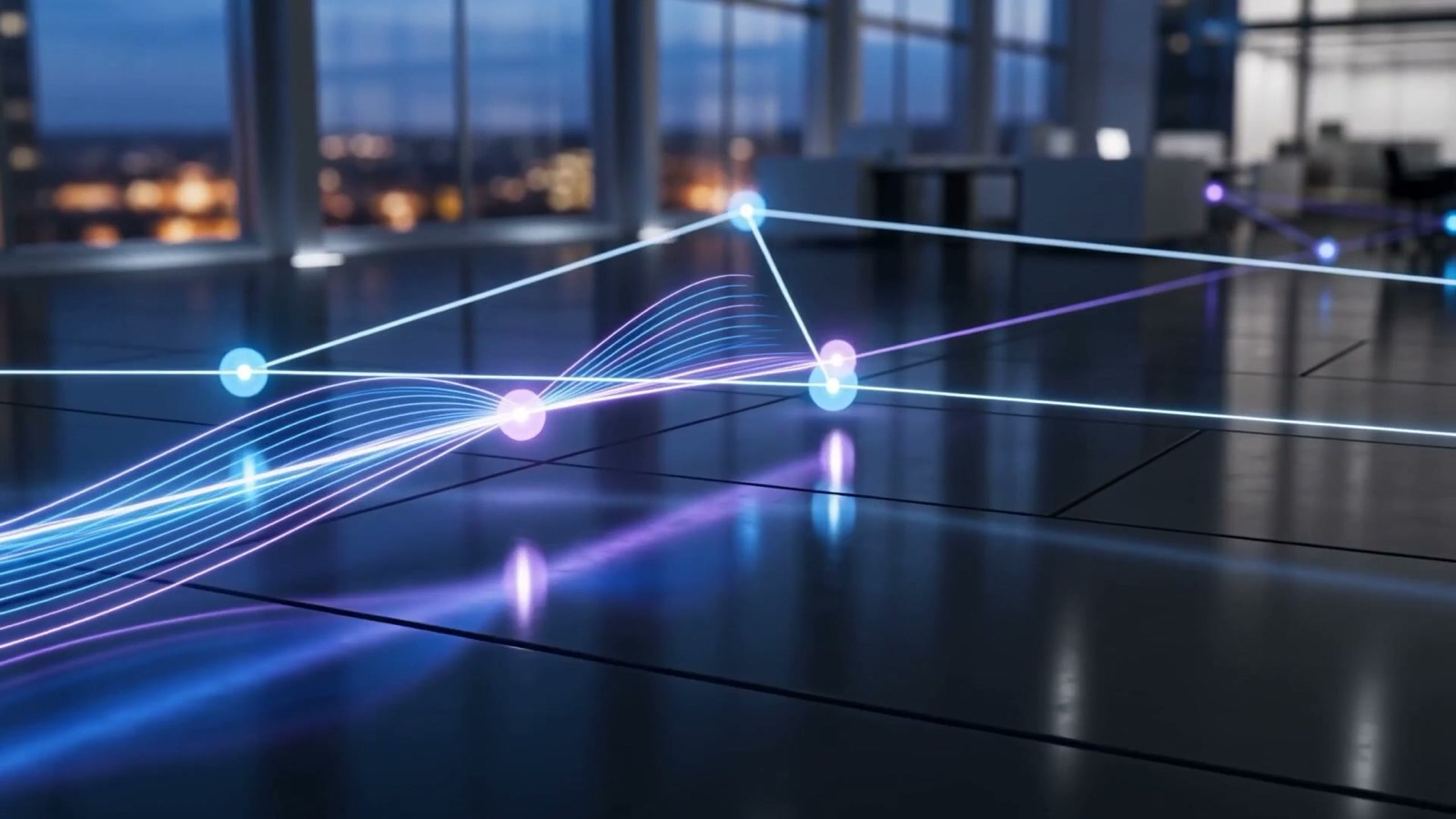 Electric blue and violet light flowing smoothly along connected paths between glowing waypoints in a modern corporate headquarters at dusk, illustrating automated business workflows running end to end for Frisco companies