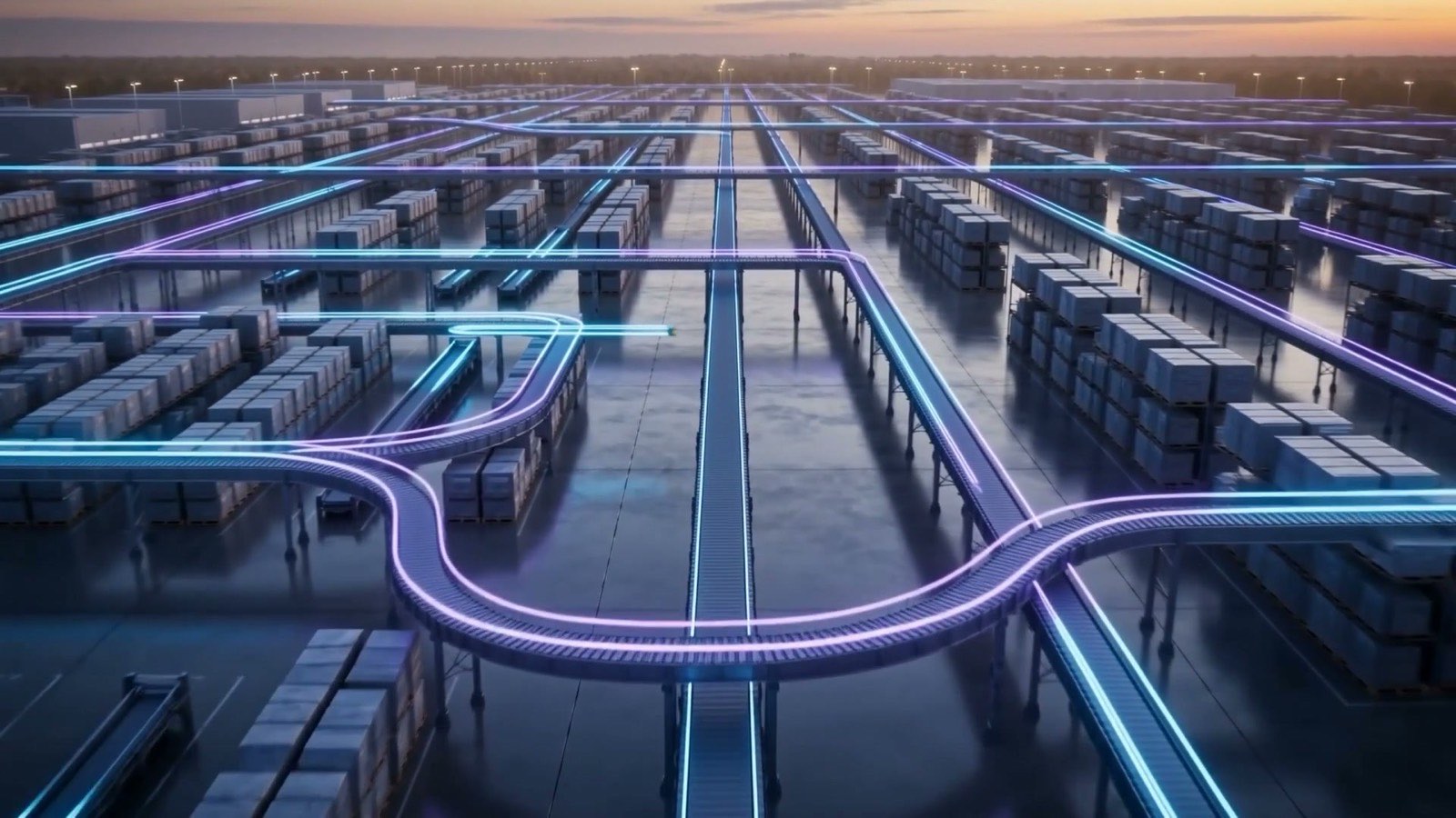 Automated conveyor lines glowing blue and violet in a modern distribution facility at dusk, illustrating AI workflow automation for McKinney manufacturers and distributors