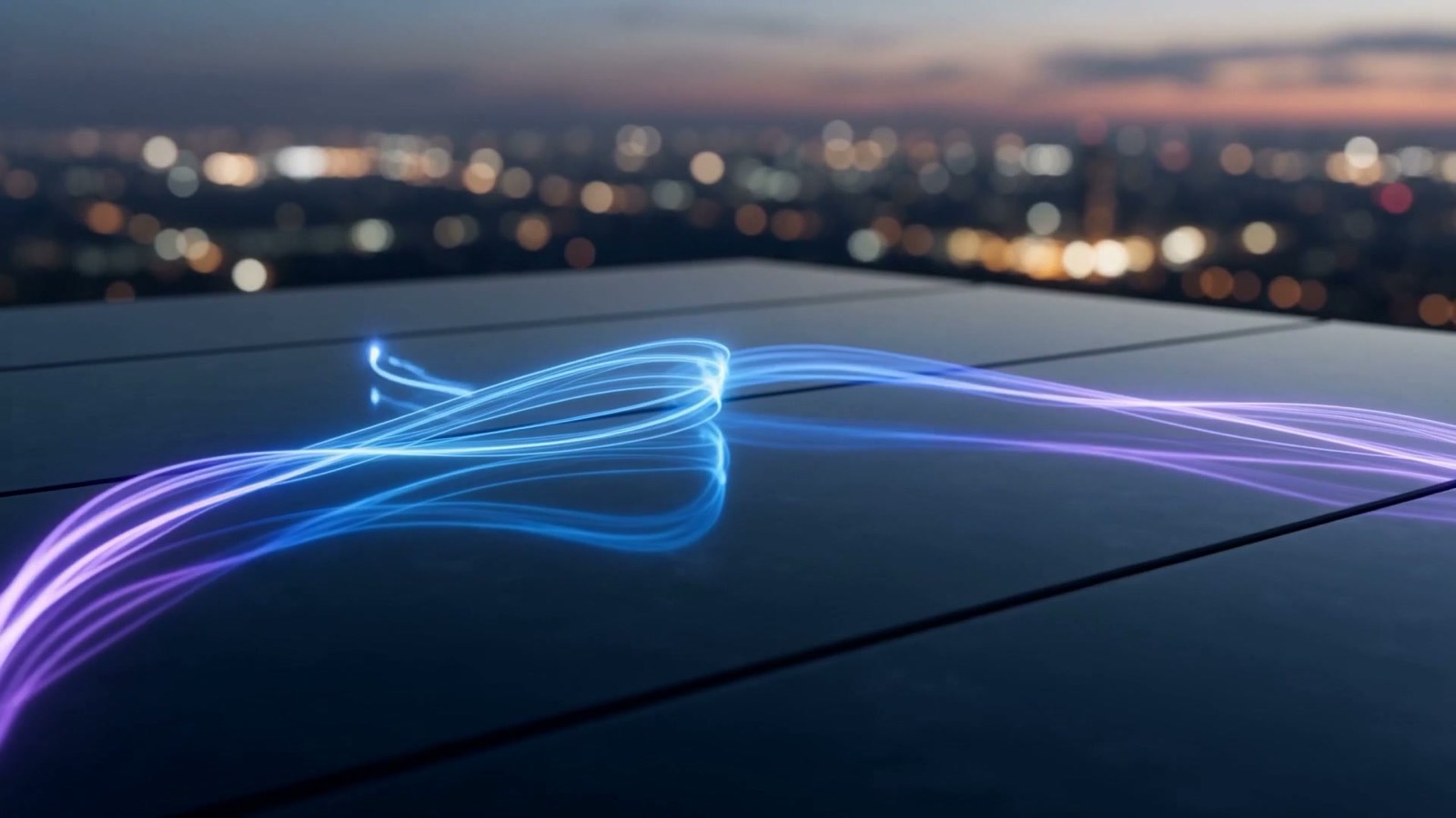 Continuous ribbons of blue and violet light flowing in a looping circuit and settling into steady glowing nodes, illustrating always-on background AI agents running around the clock