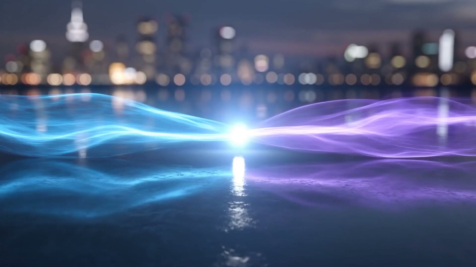 Streams of blue and violet light flowing inward through a series of glowing checkpoints and converging into one balanced bright point, illustrating autonomous finance agents reconciling and closing the books under control