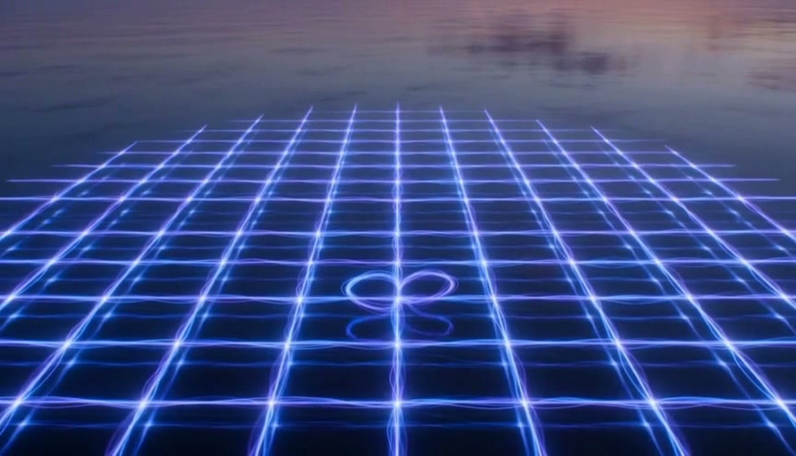 Abstract cinematic image of blue and violet light resolving into an evenly spaced glowing grid, representing deterministic rule-based controls governing finance AI agents