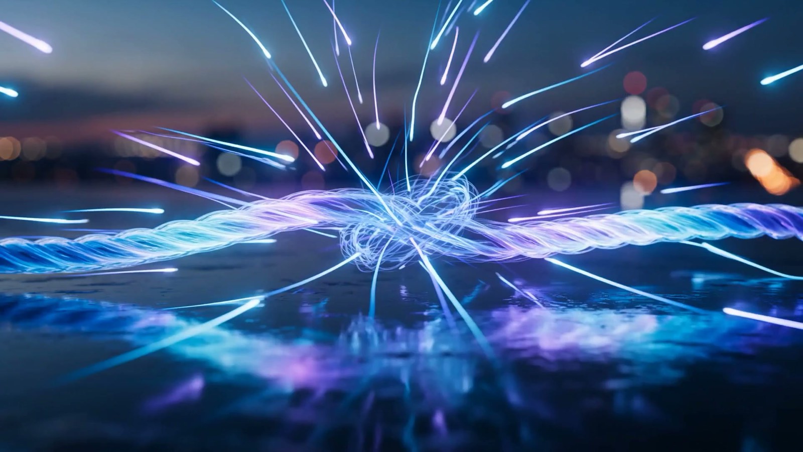 Fine threads of blue and violet light streaming inward from many directions and weaving into one braided cable of light, illustrating forward-deployed AI engineering embedded inside a business