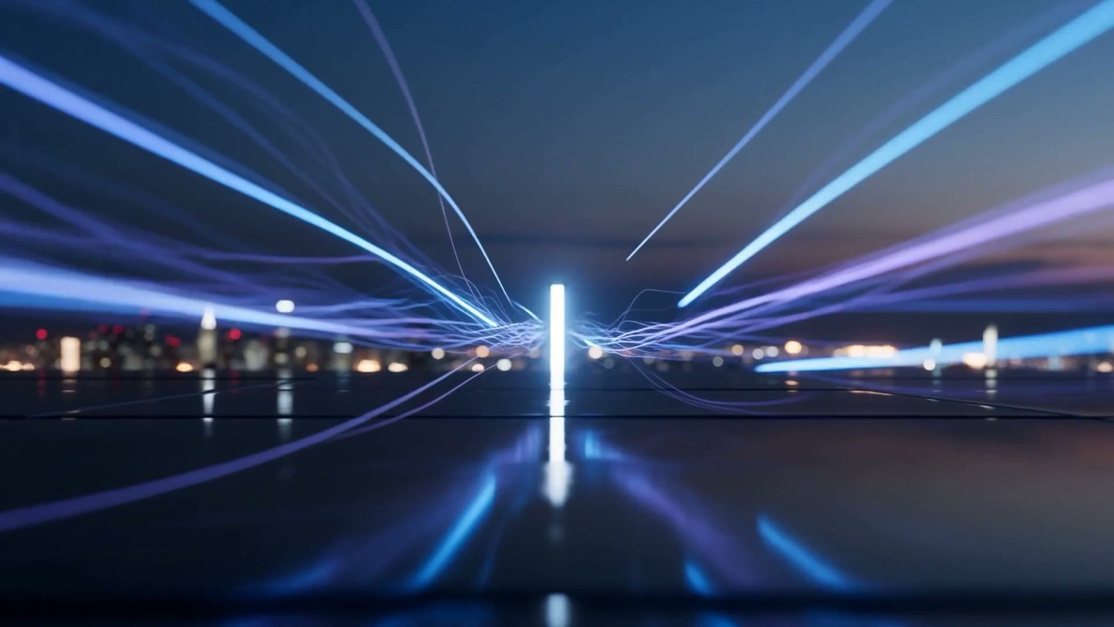 Fine threads of electric blue and violet light converging from many directions into a single guided channel and passing through one bright gate, illustrating general-purpose AI work agents being funneled through governed access controls