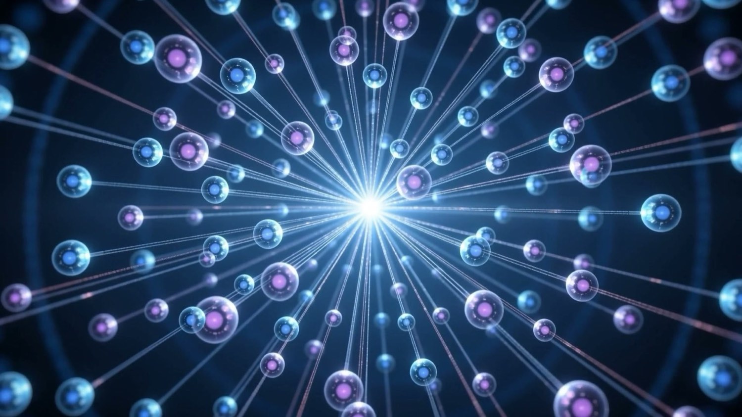 Many small glowing blue and violet orbs of light connected by luminous threads to a central core, illustrating a governed fleet of autonomous AI agents under central control