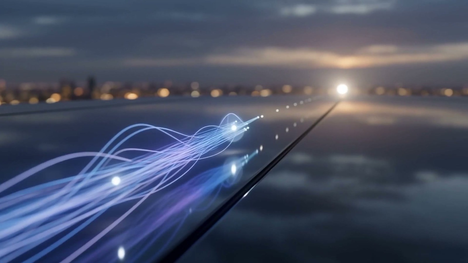 Fine threads of electric-blue and violet light traveling along a connected series of glowing waypoints toward a distant bright point, illustrating a long-horizon AI agent executing many steps toward a goal